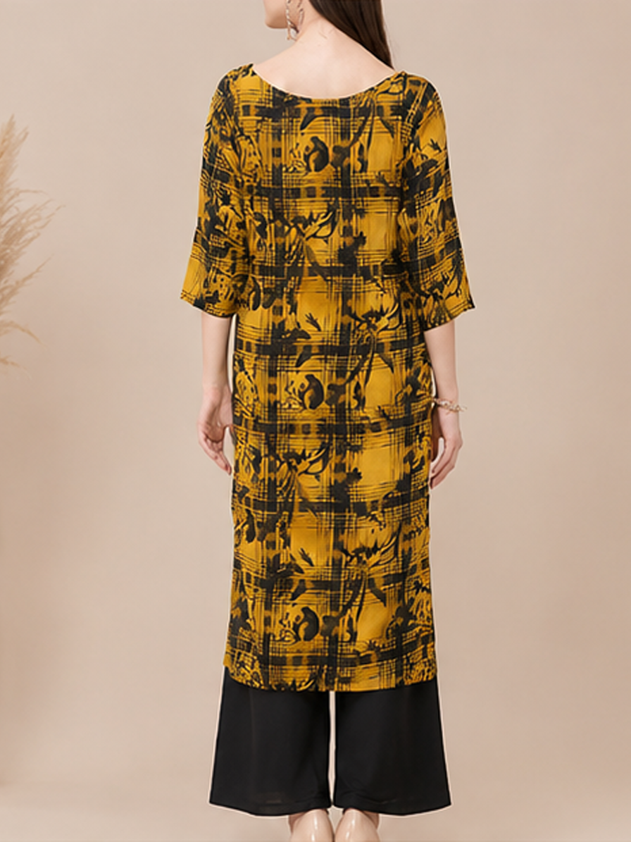 Mustard Checks Floral Straight Kurti