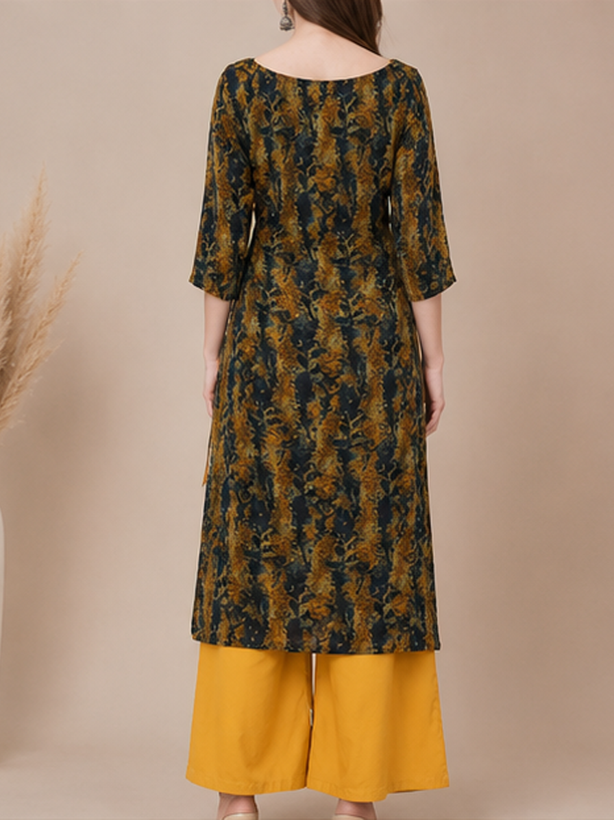 Mustard Printed Straight Kurti