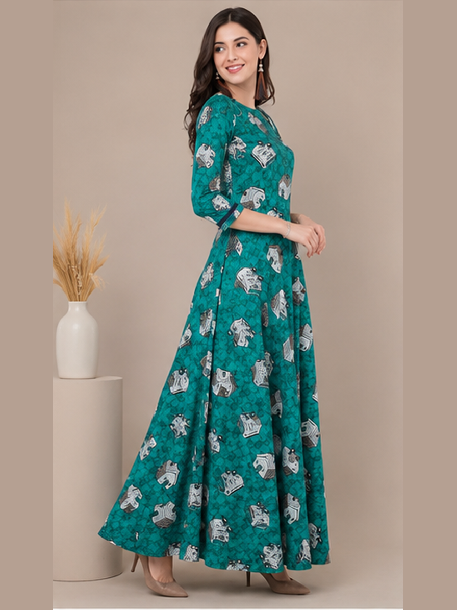 Green Printed A-Line Kurti