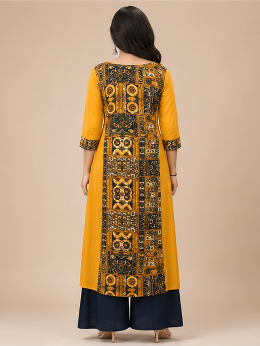 Printed Mustard A-line Kurti