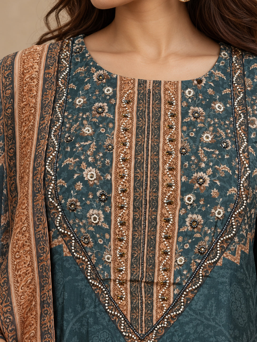 Natural Crepe Printed Embroidered Suit