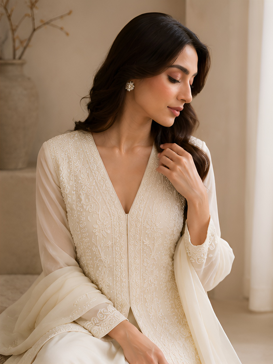 White Chinon Sharara Set