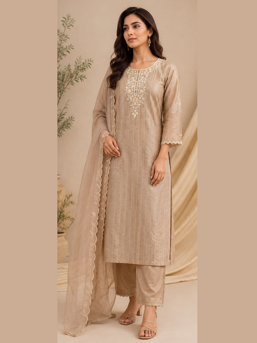 Beige Striped Suit Set