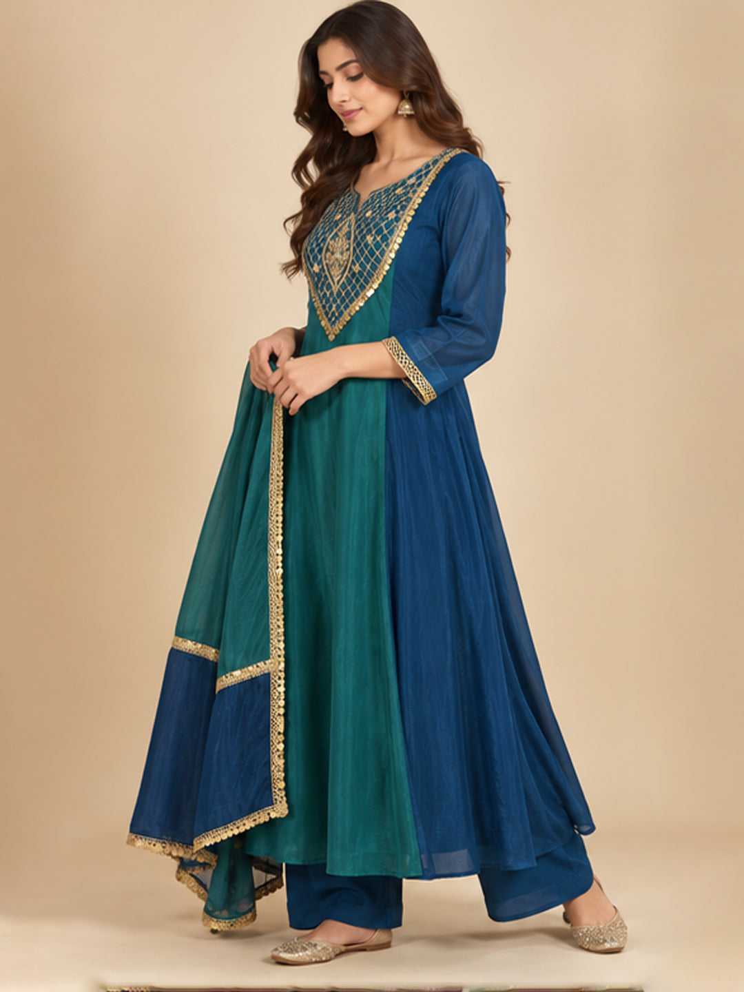 Blue Green Chanderi Anarkali Suit