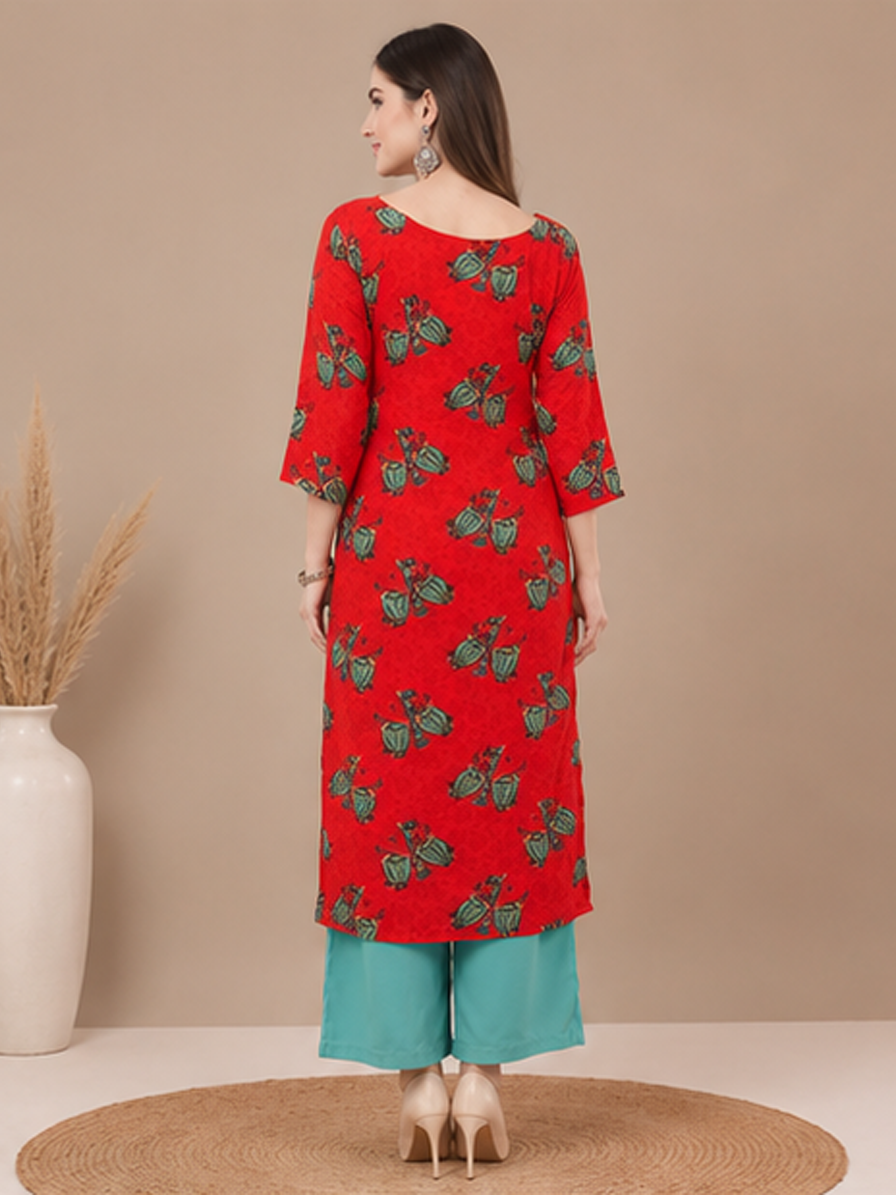 Red Printed Straight Kurti