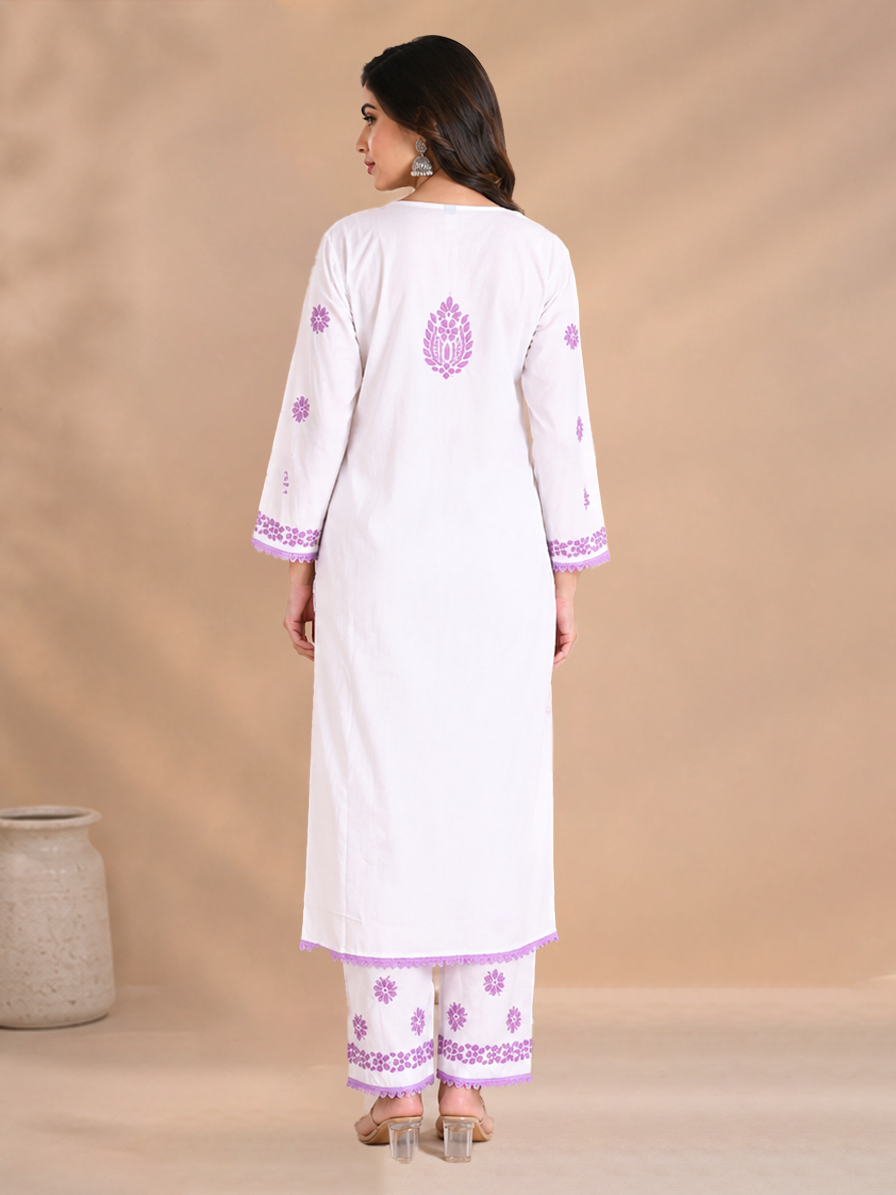 Purple-White Chikankari Kurta Set