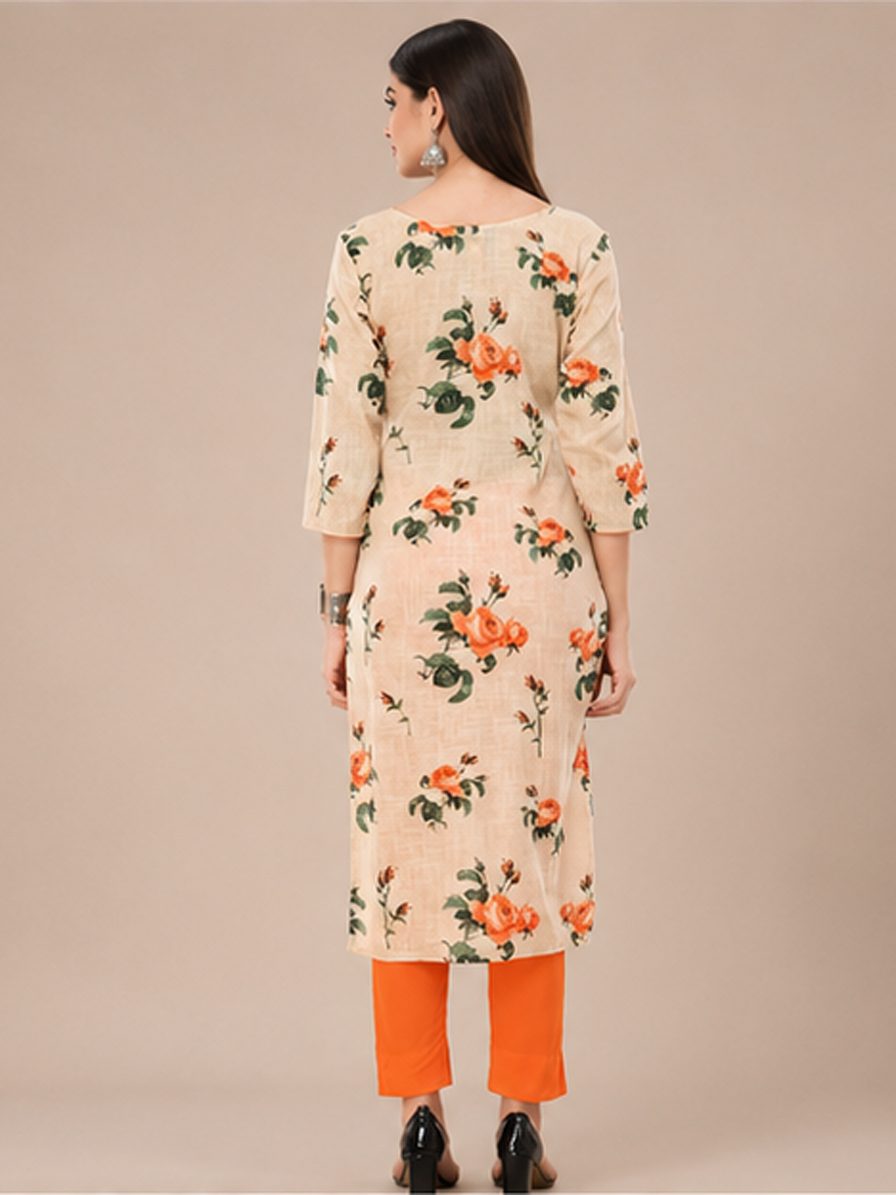 Beige Floral Kurti with Orange Trouser