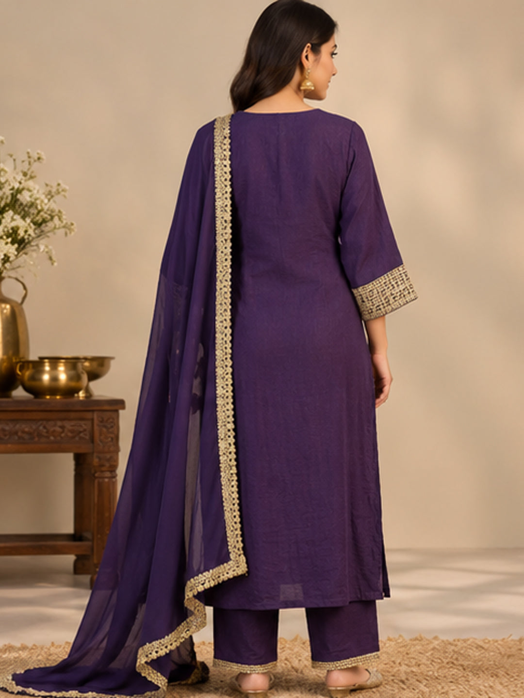 Purple Embroidered Chinon Suit