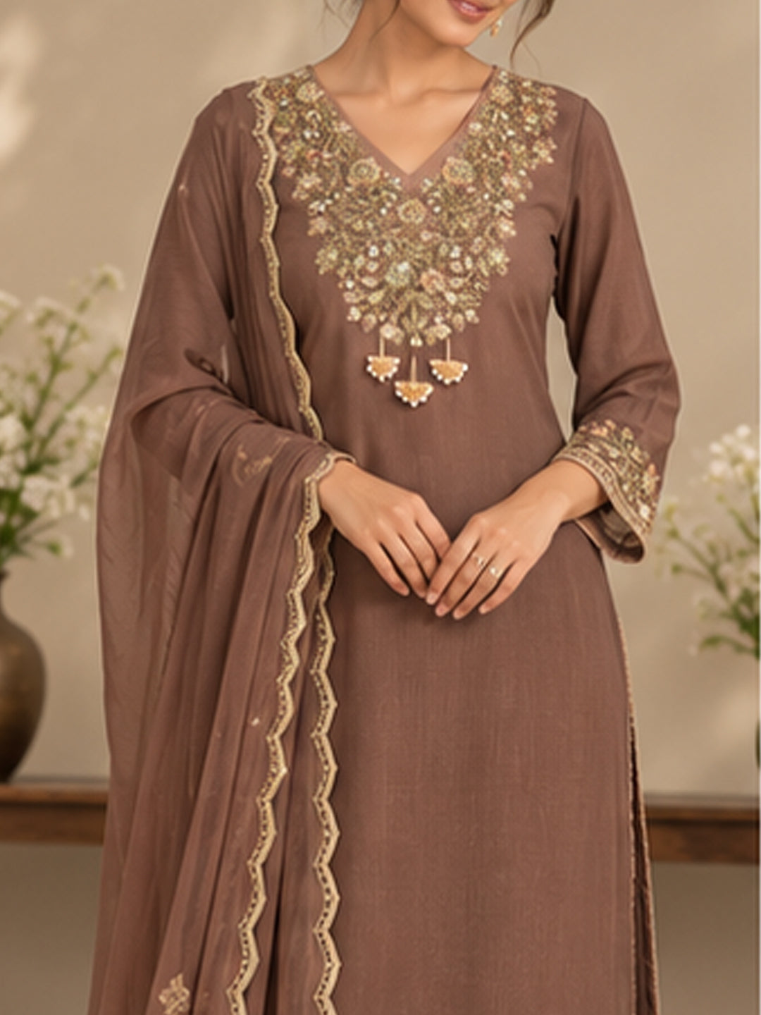 Brown Chinon Embroidered Suit