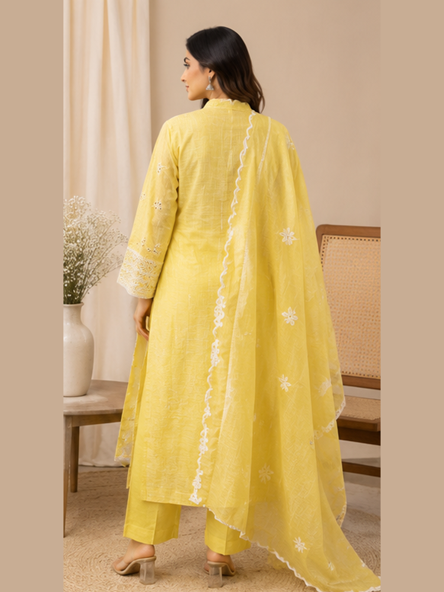Yellow White Embroidered Suit Set