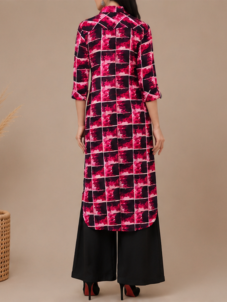 Pink Checks Printed Straight Kurti