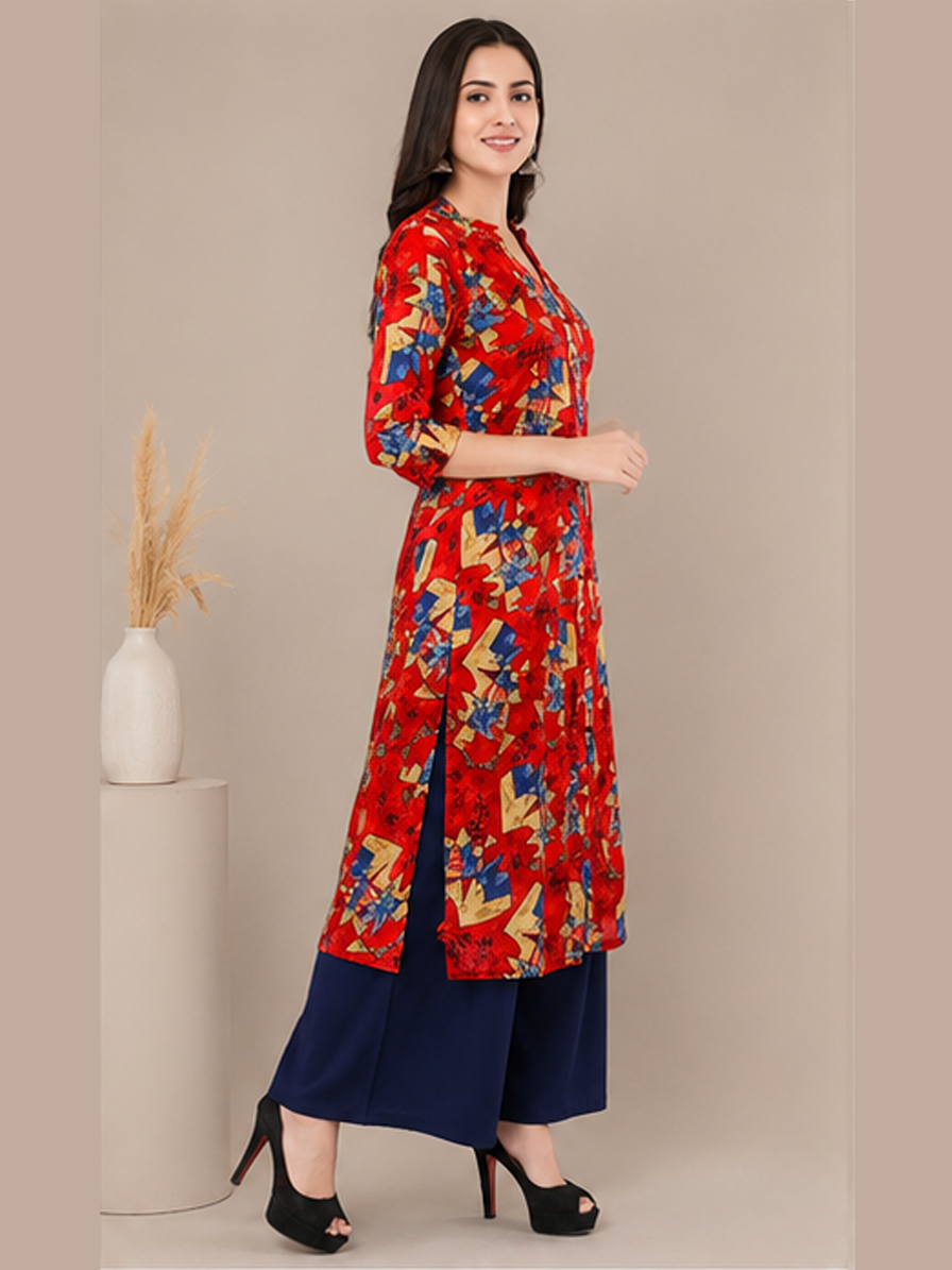 Geometric Print Straight Red Kurti