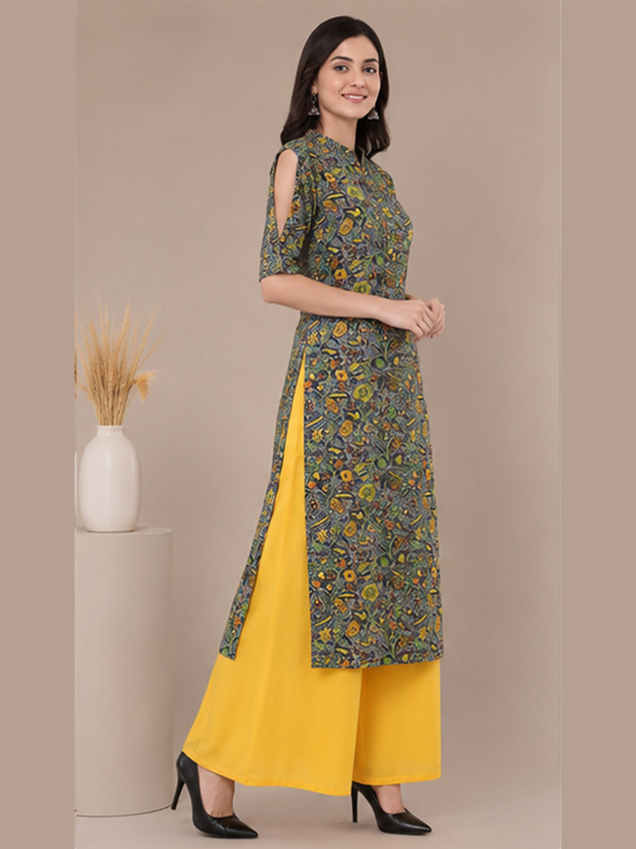 Grey Floral Print Straight Kurti