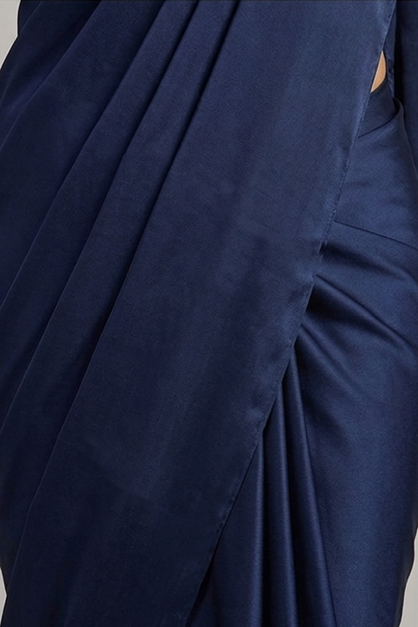 Blue Satin Draped Saree with Beaded Blouse