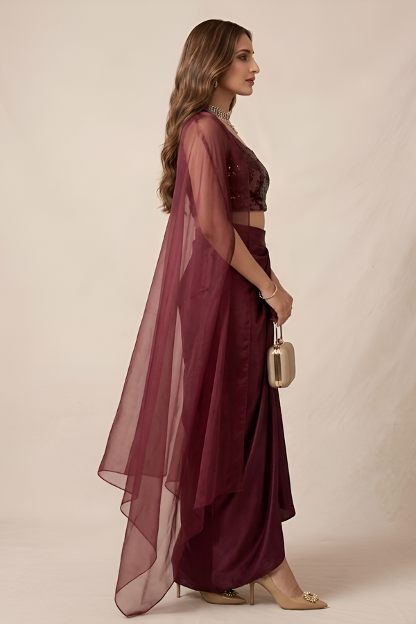Maroon Sequins Draped Set