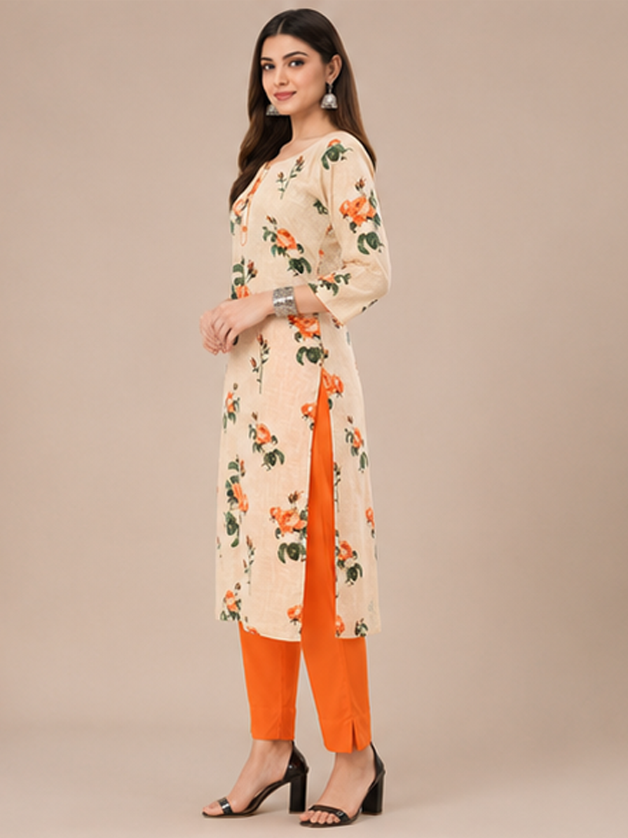Beige Floral Kurti with Orange Trouser