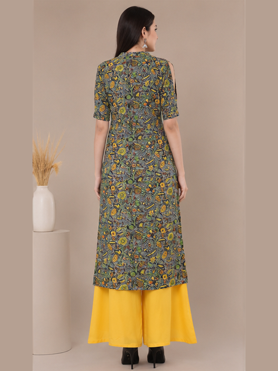 Grey Floral Print Straight Kurti