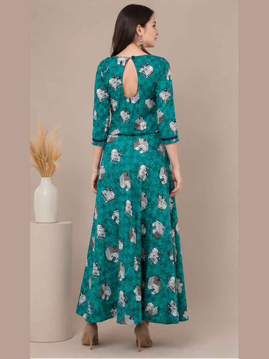 Green Printed A-Line Kurti