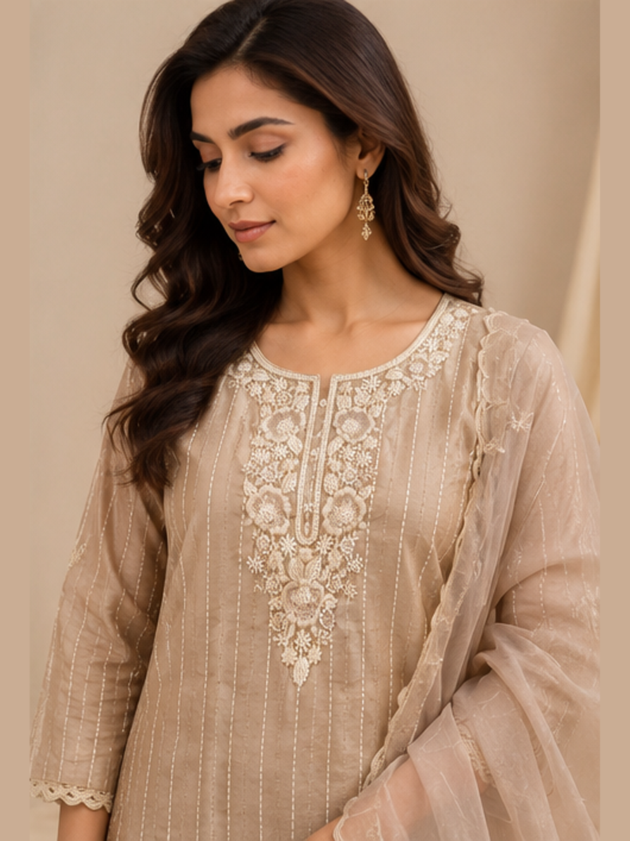 Beige Striped Suit Set