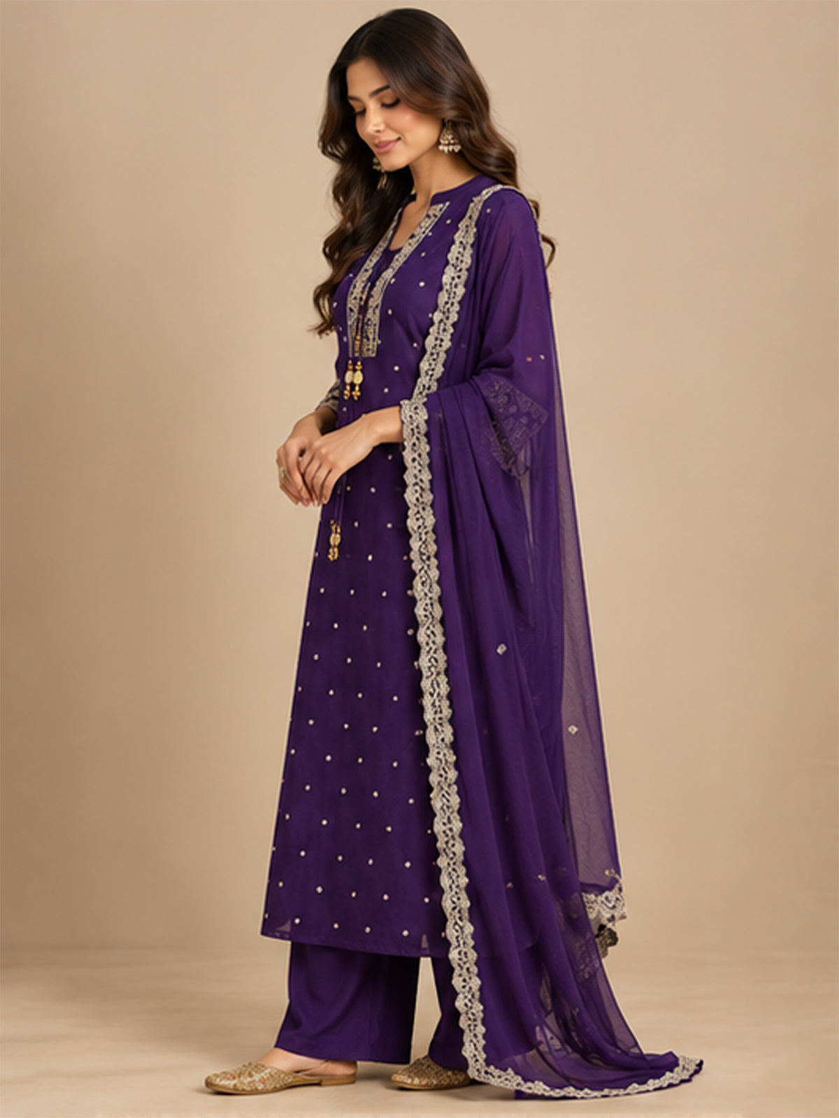 Purple Chinon Embroidered Suit