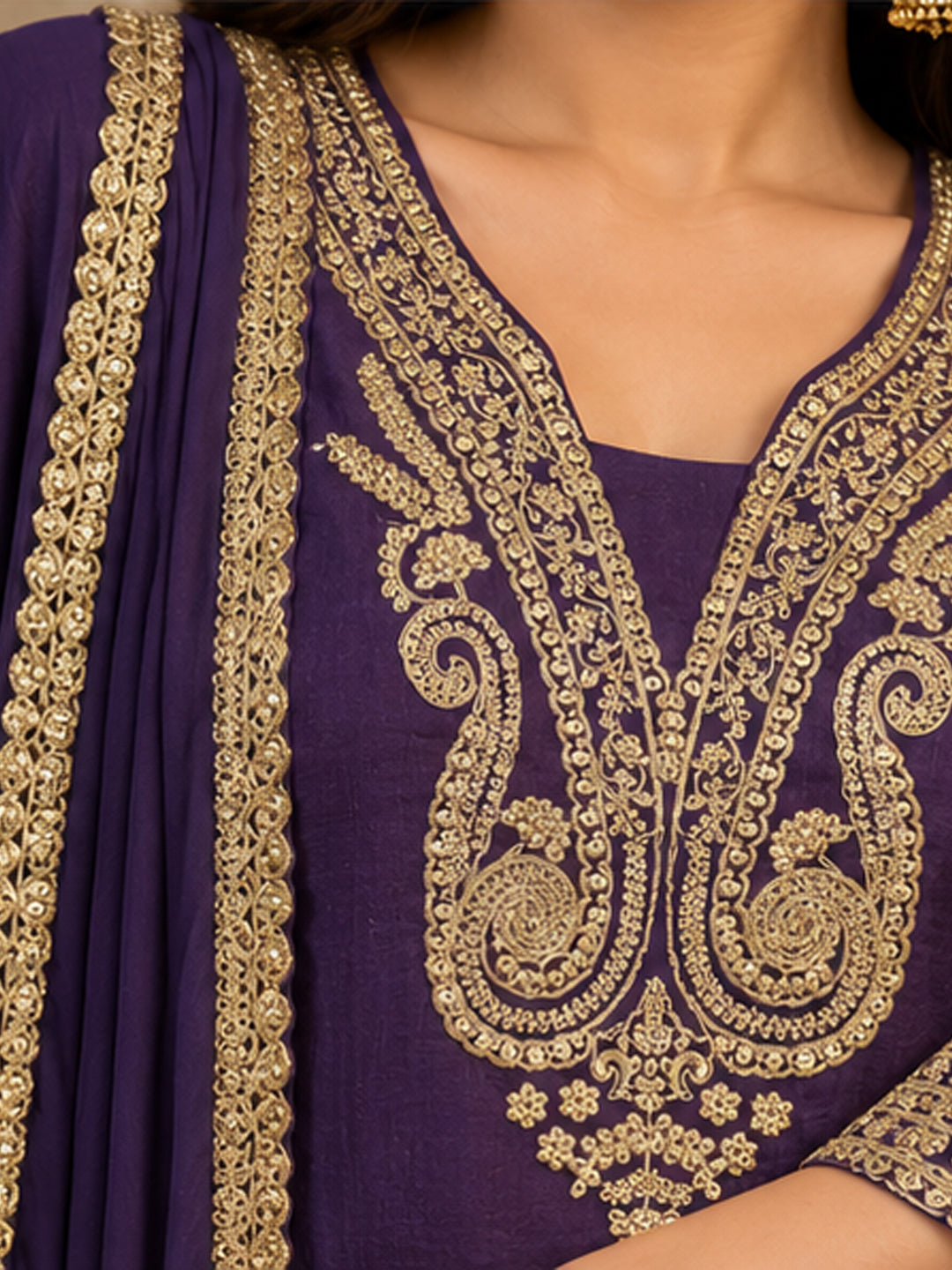Purple Embroidered Chinon Suit