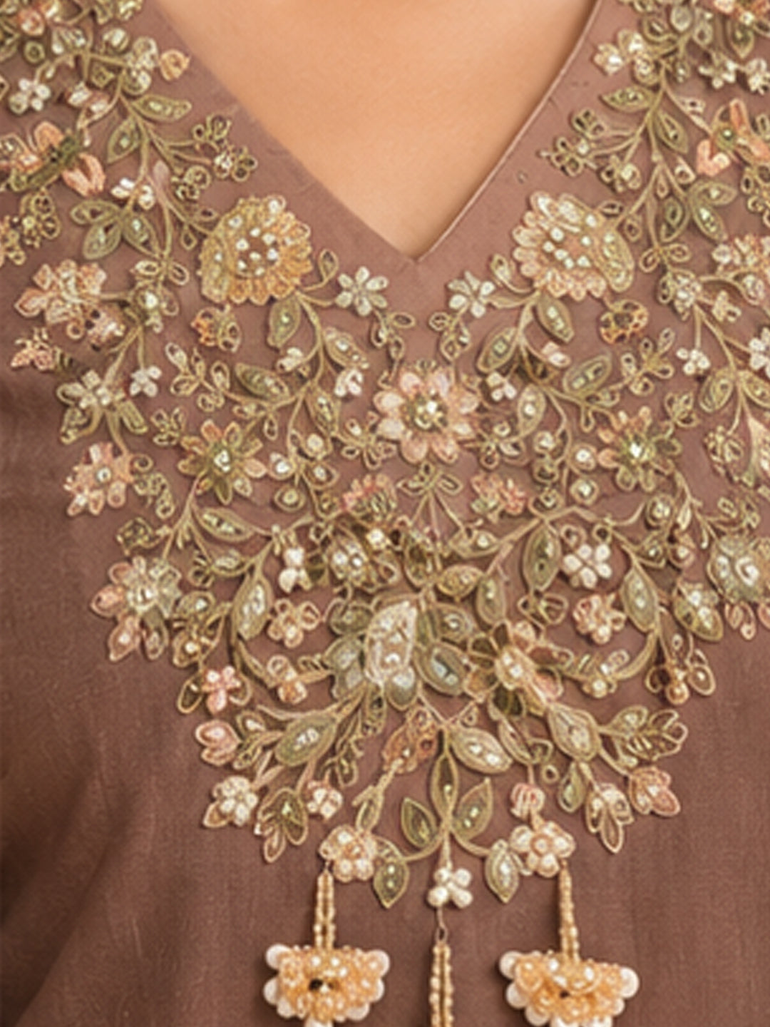 Brown Chinon Embroidered Suit