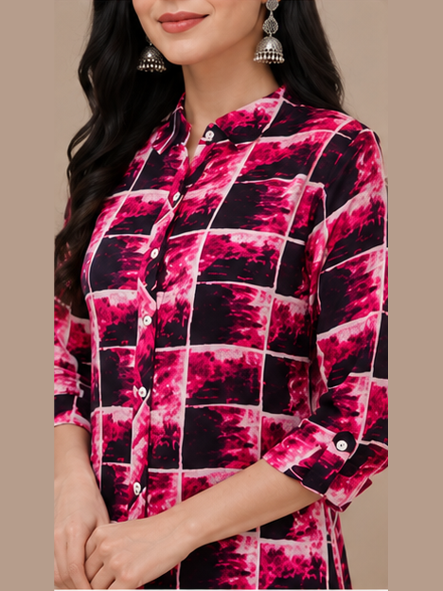 Pink Checks Printed Straight Kurti
