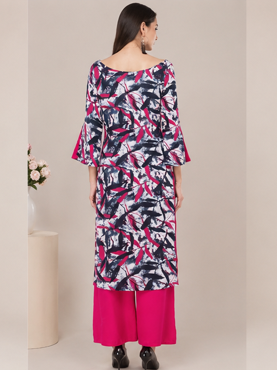 Blue & Pink Printed Straight Kurti