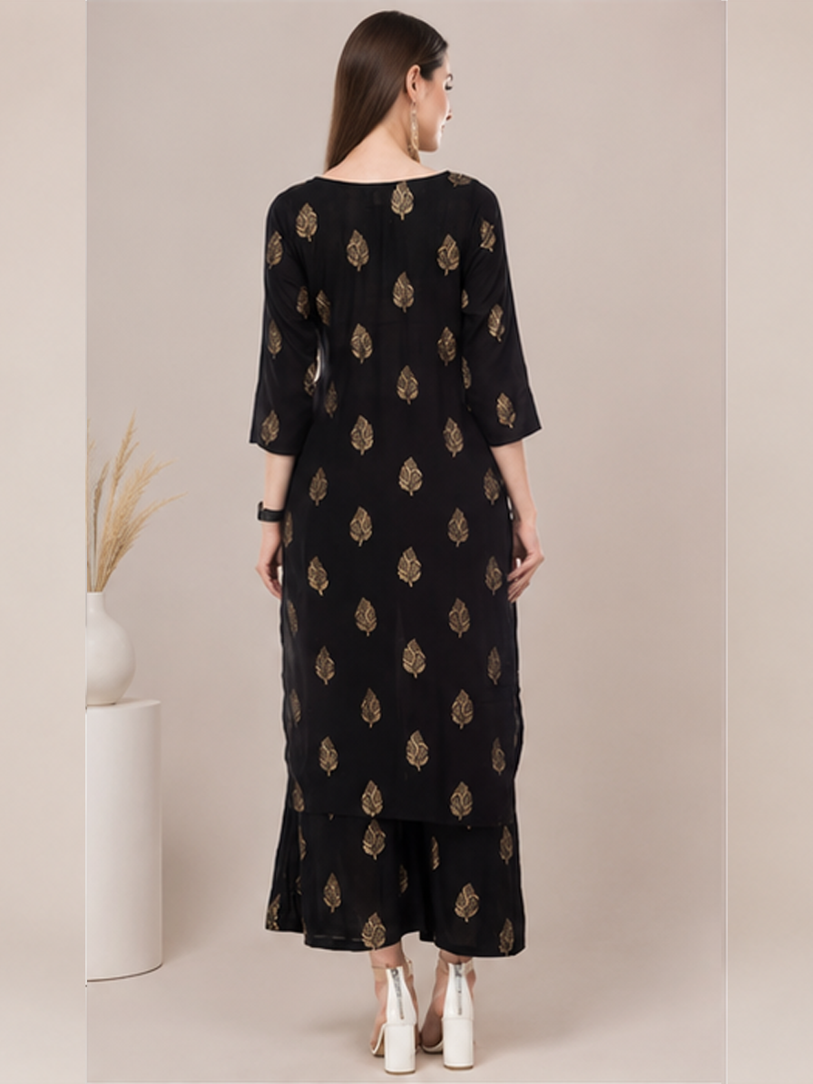 Black Foil Print Straight Kurta Palazzo Set