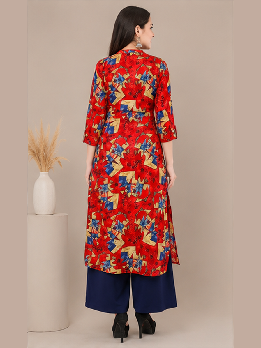 Geometric Print Straight Red Kurti