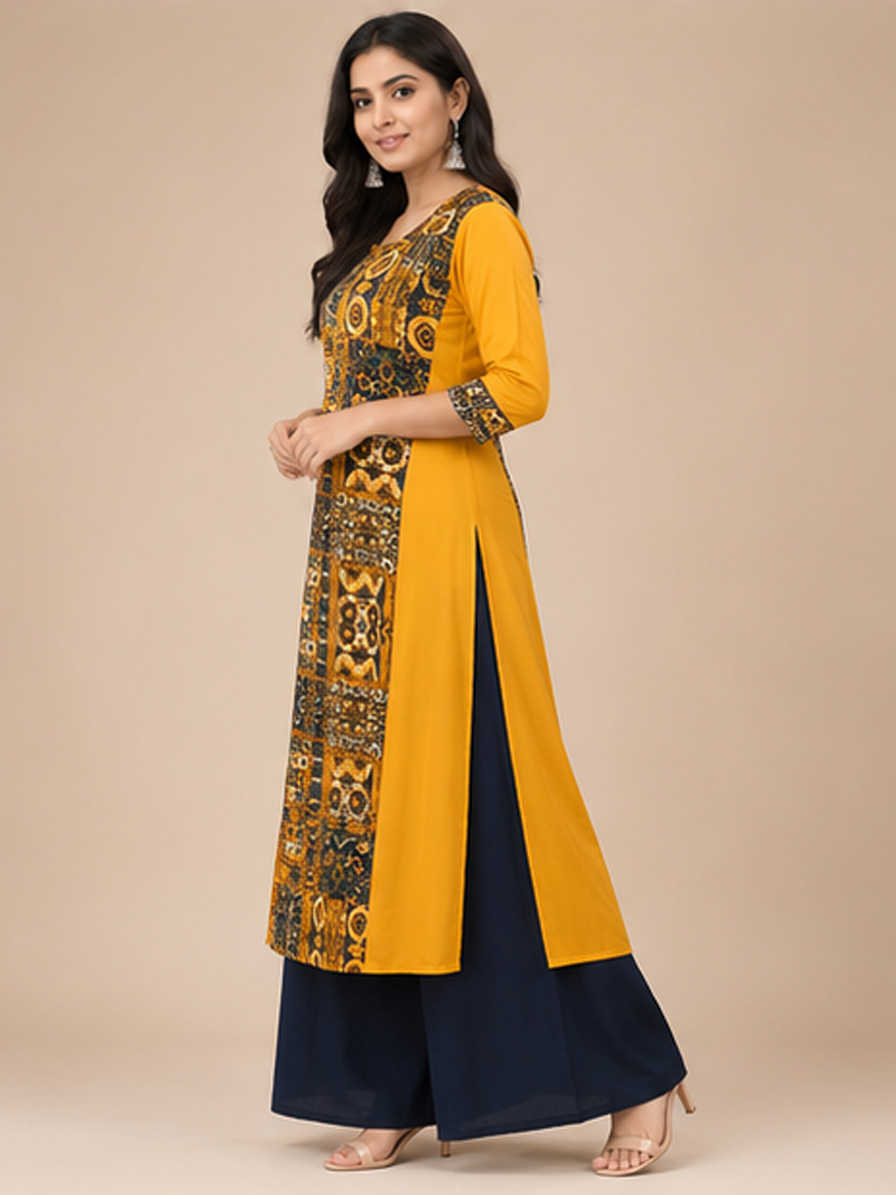 Printed Mustard A-line Kurti