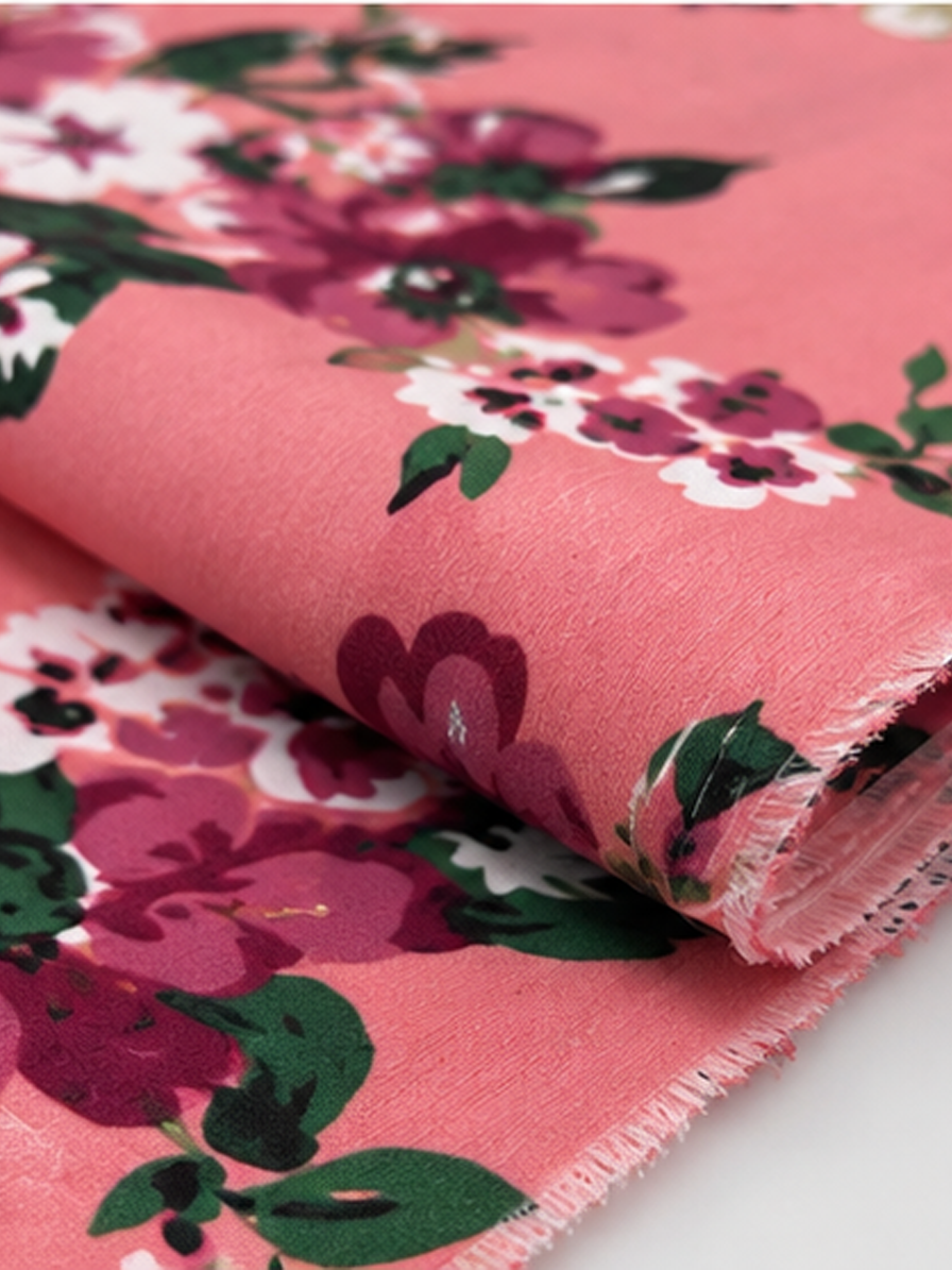 Peach Floral Print Crepe Fabric