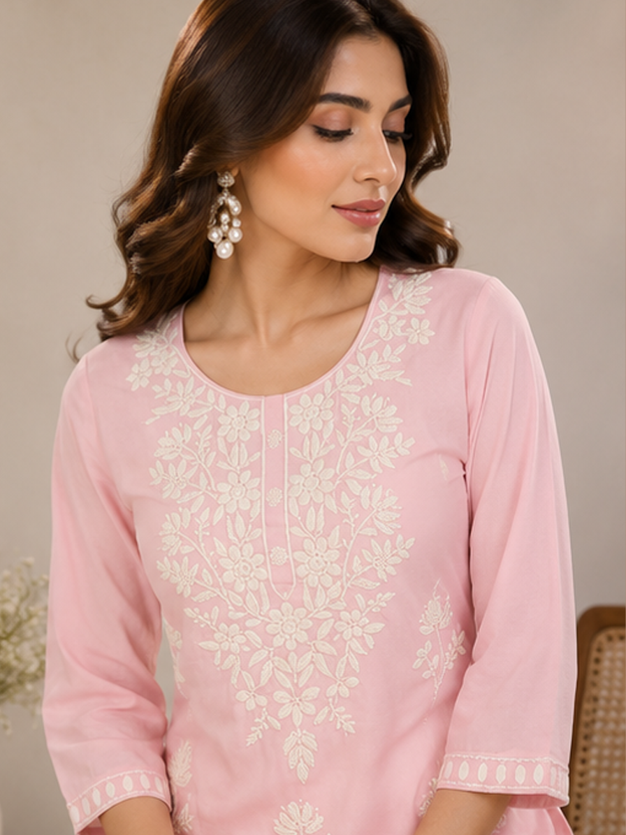 Pink-White Chikankari Kurta