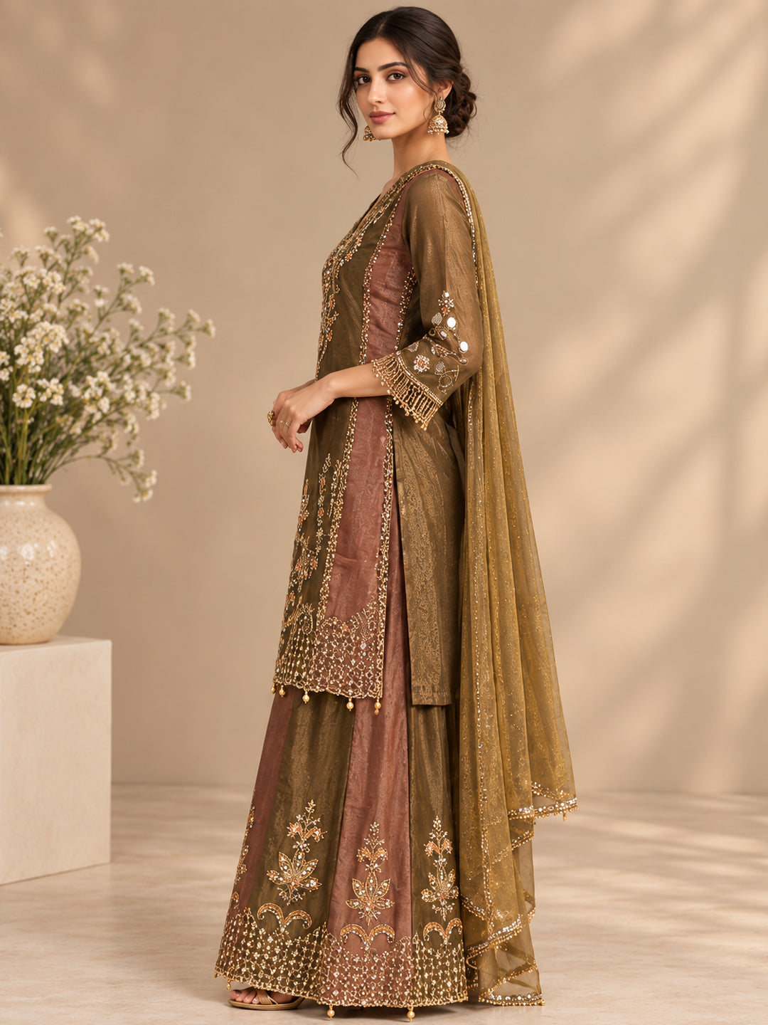 Women Ethnic Motifs Embroidered Regular Mirror Work Kurta with Sharara & With Dupatta