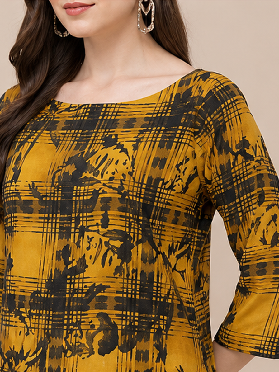 Mustard Checks Floral Straight Kurti