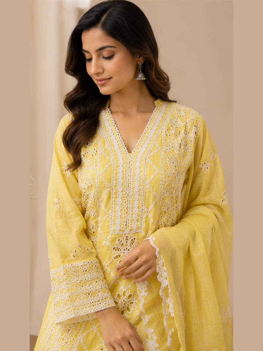 Yellow White Embroidered Suit Set