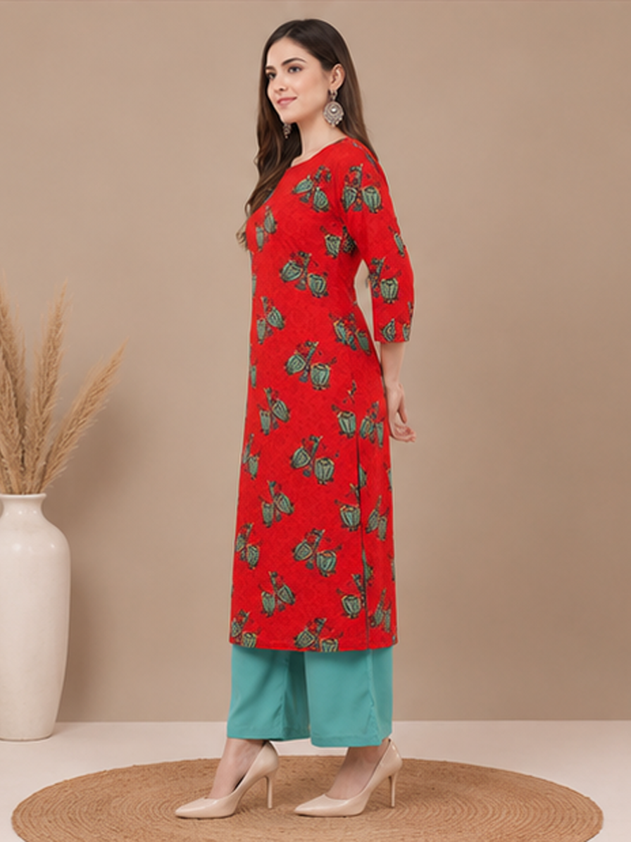 Red Printed Straight Kurti