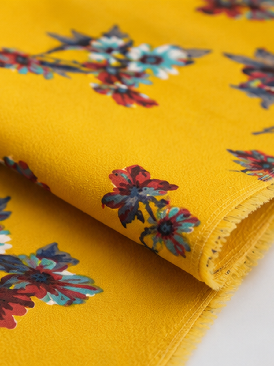 Mustard Floral Textured Crepe Fabric