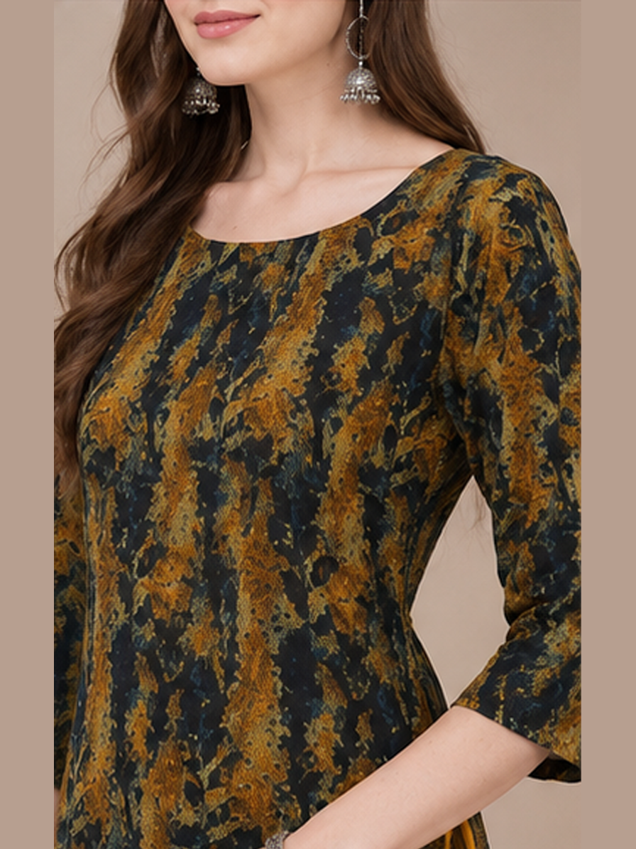 Mustard Printed Straight Kurti