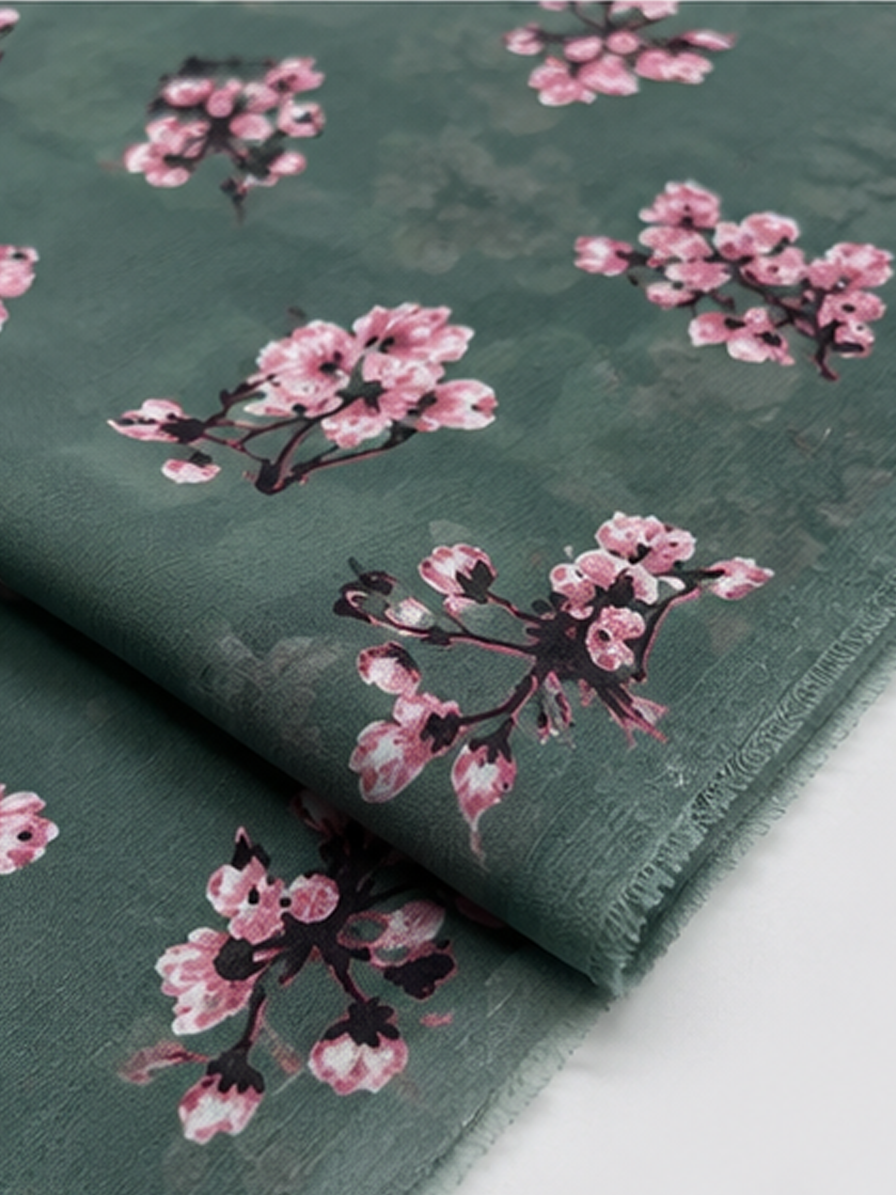 Green & Pink Floral Georgette Fabric