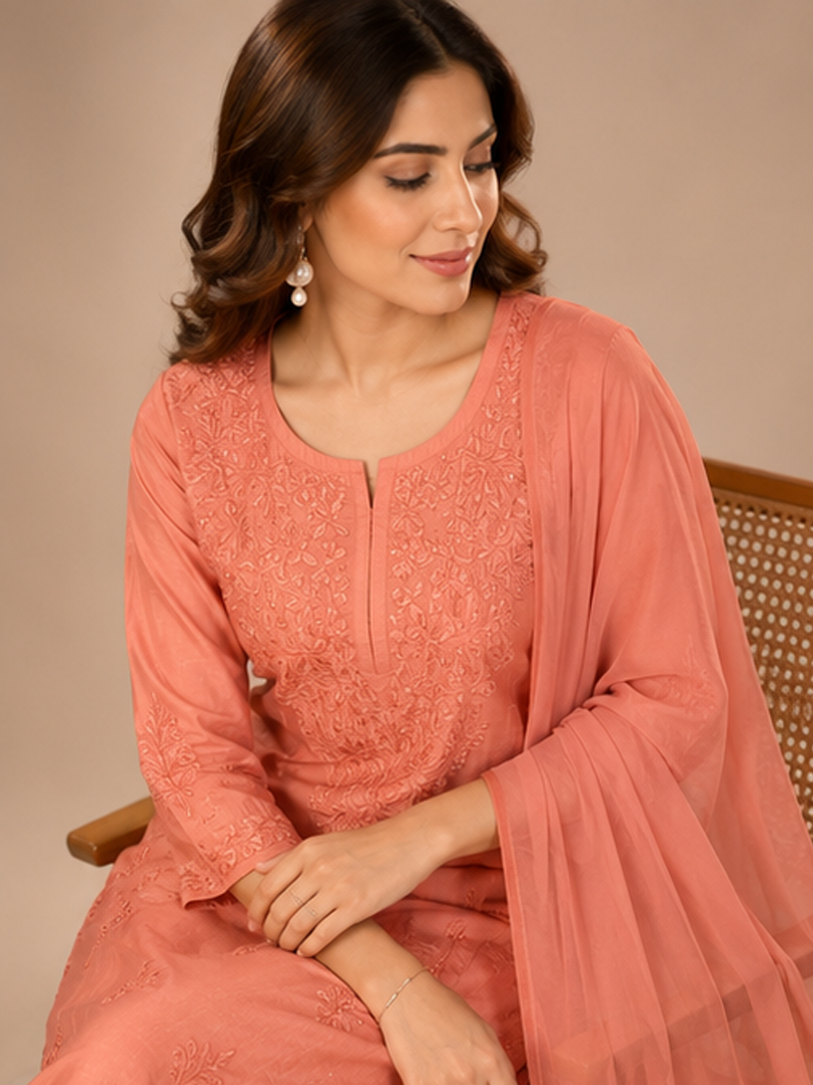 Peach Chikankari Suit Set