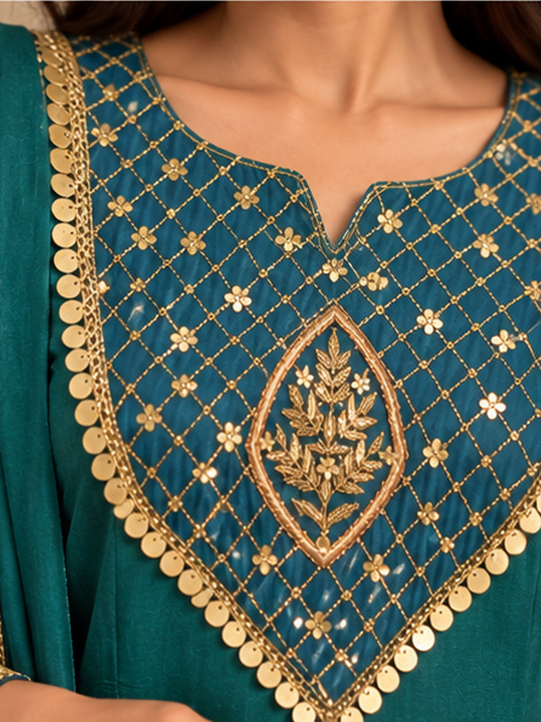 Blue Green Chanderi Anarkali Suit