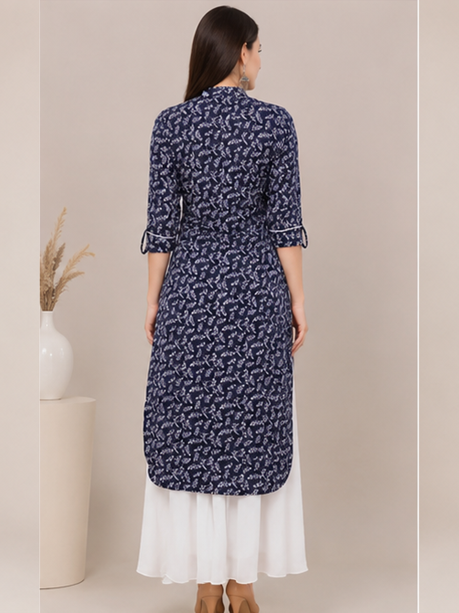 Blue Printed Cotton Straight Kurti