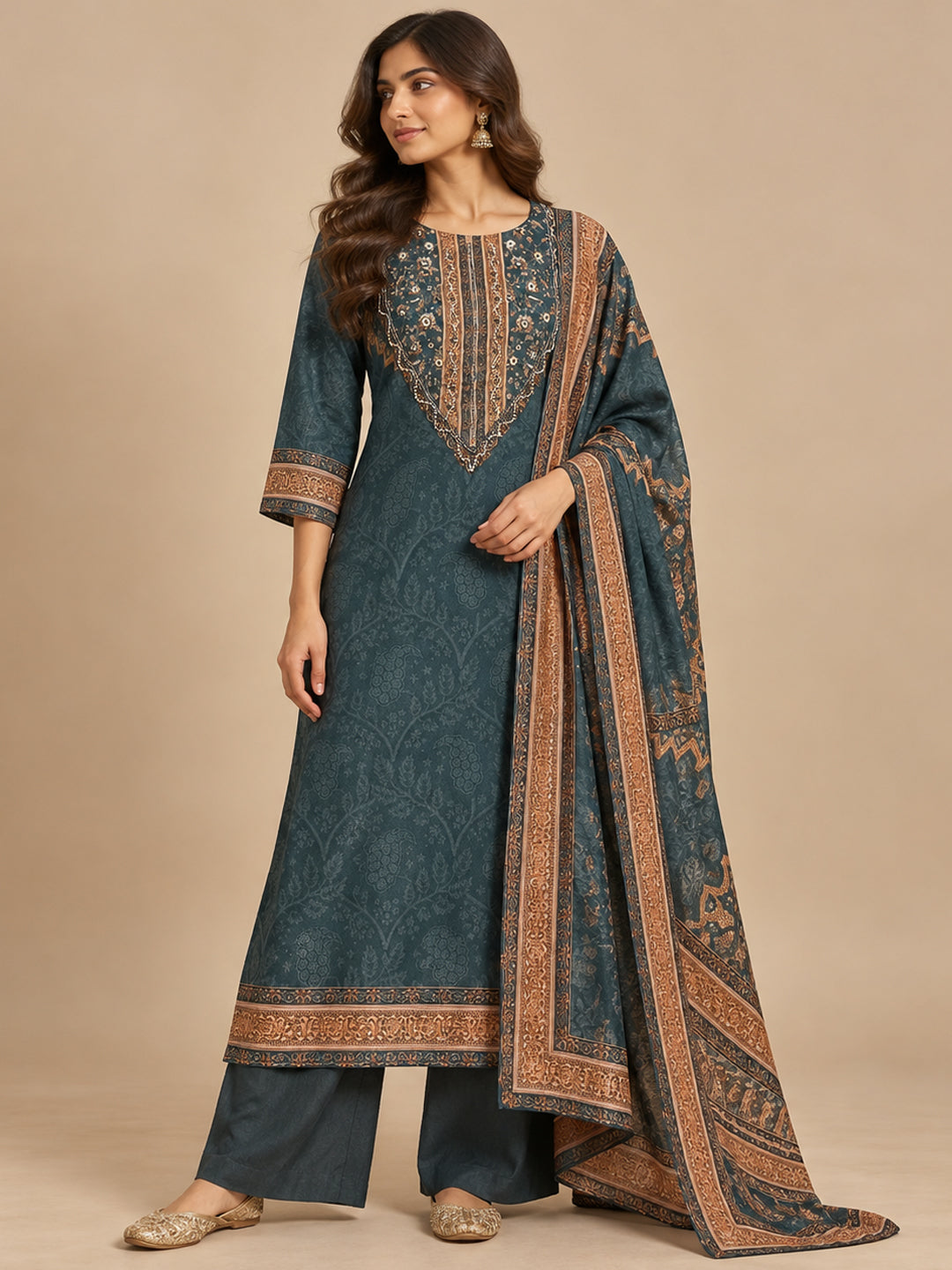 Natural Crepe Printed Embroidered Suit