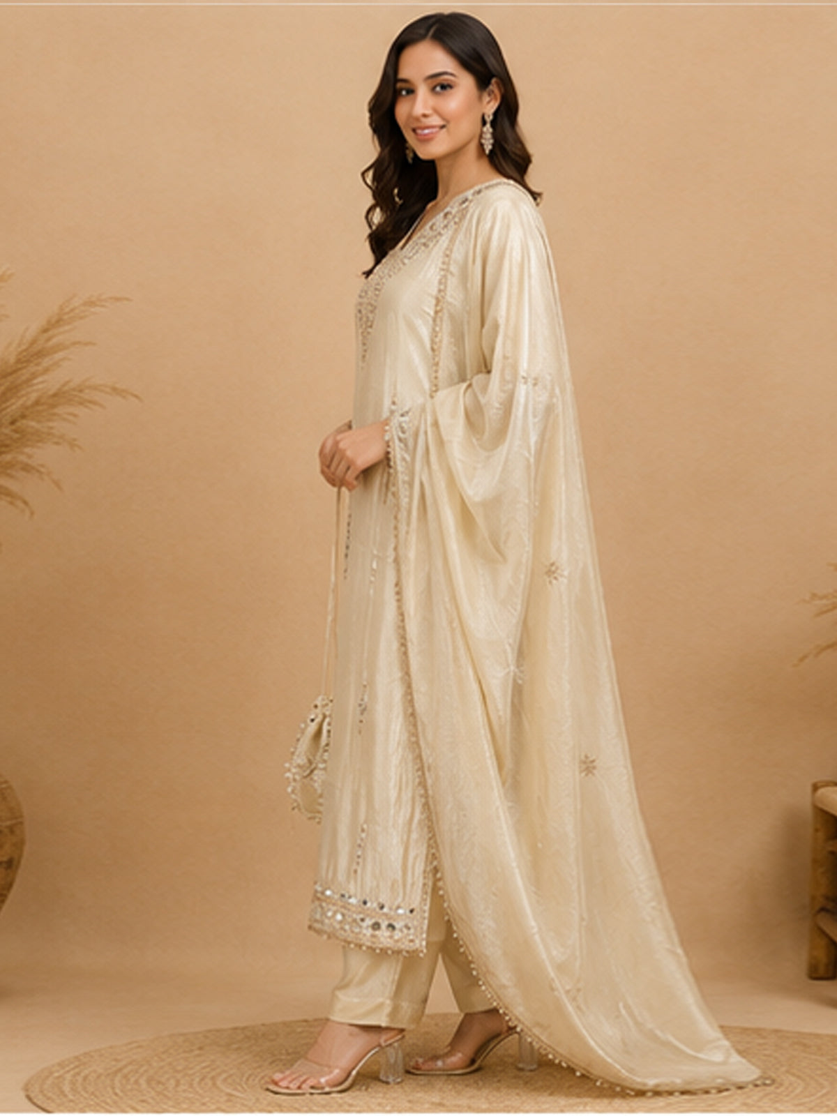 Women Embellished Mirror Work Kurta with Palazzos & with Dupatta