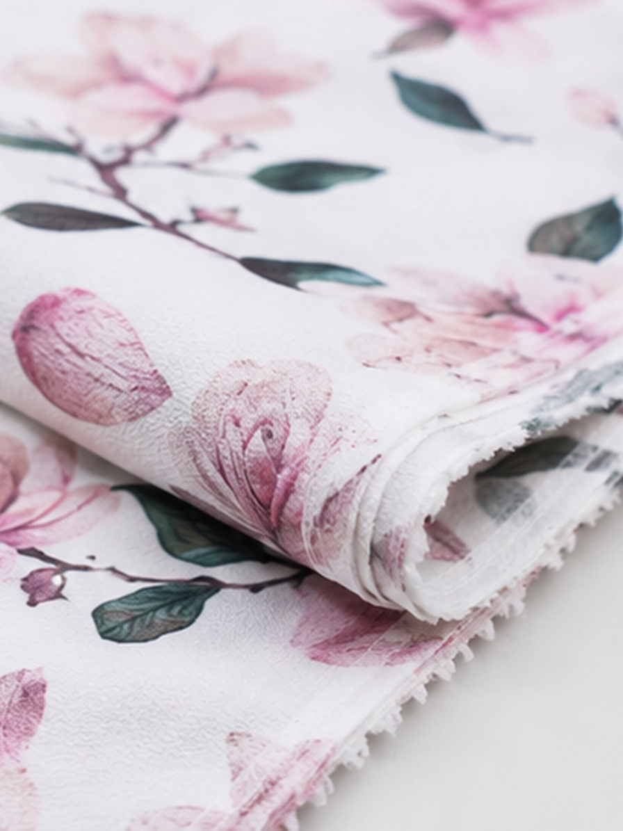 White Floral Print Crepe Fabric