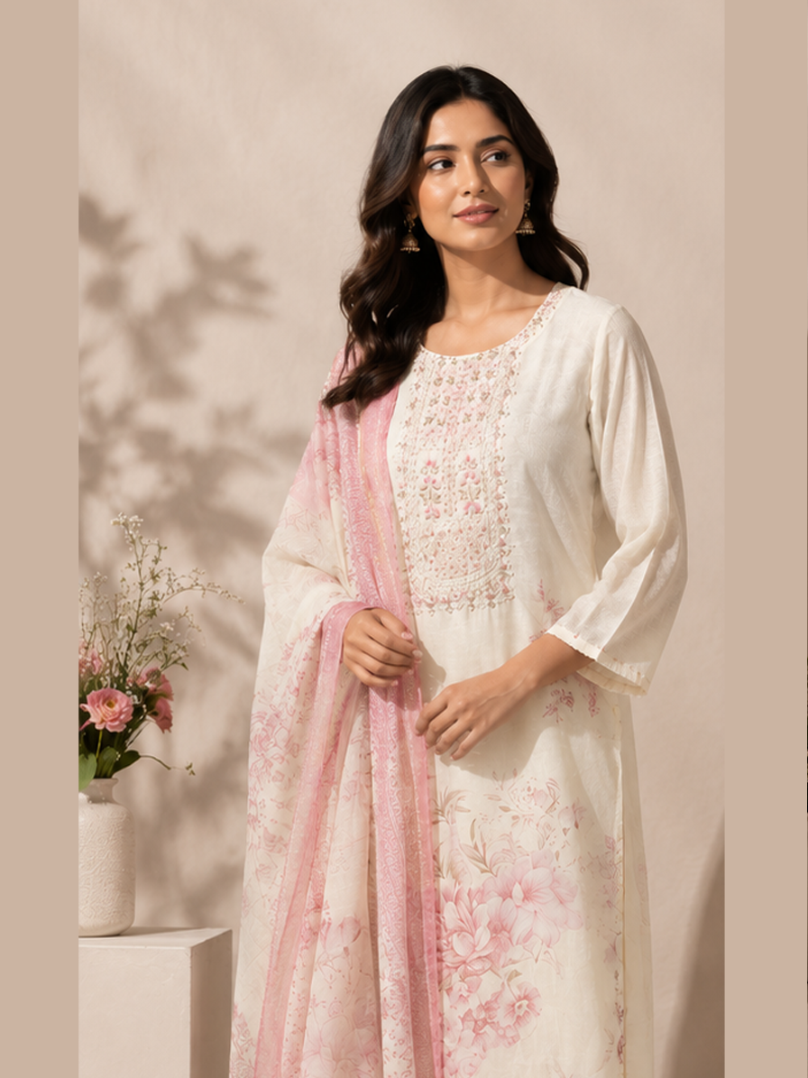White Floral Suit Set