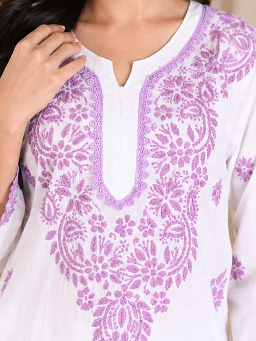 Purple-White Chikankari Kurta Set