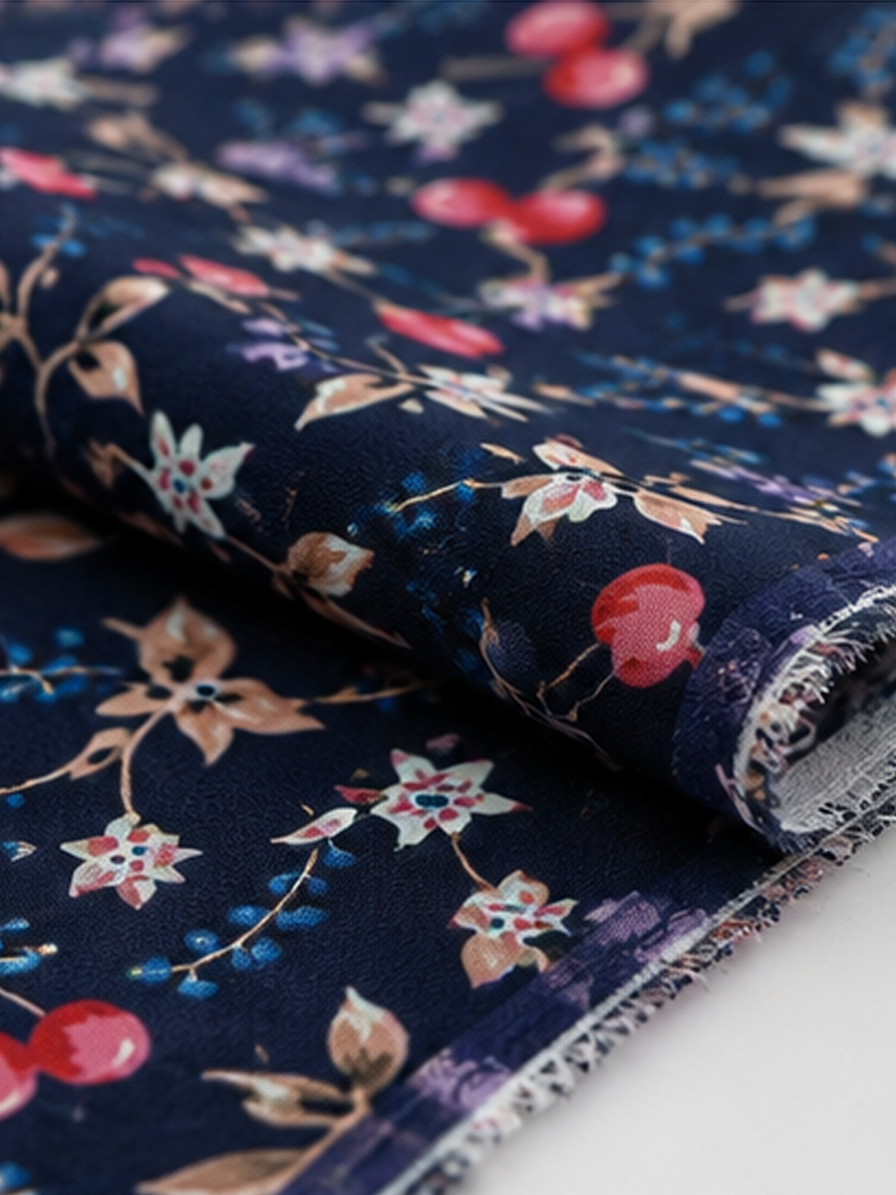 Navy Floral Print Crepe Fabric