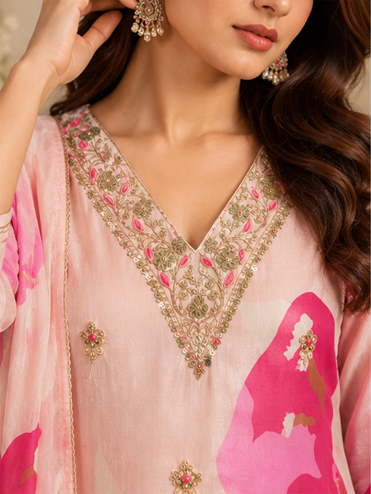 Pink Crepe Embroidered Kurat Set